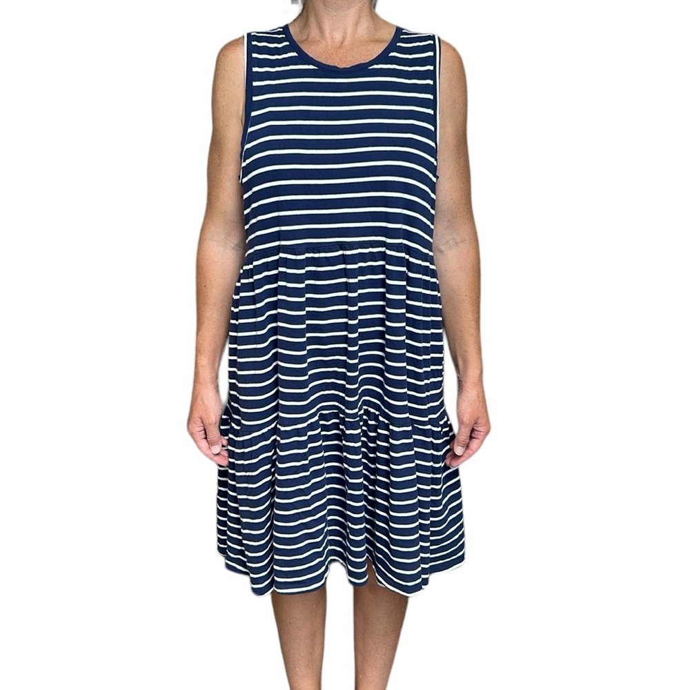 J. Crew Navy/White Striped Tiered Dress Sleeveless Knit Mini Nautical M - Picture 3 of 15